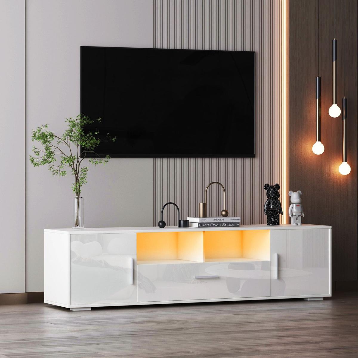 QUICK ASSEMBLE WHITE modern TV Stand, only 20 minutes to finish assemble, with LED Lights, high glossy front TV Cabinet, can be assembled in Lounge Room, Living Room or Bedroom, color:WHITE