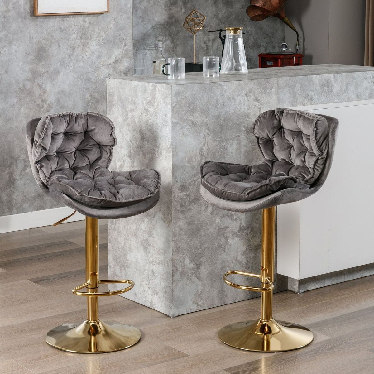 Swivel Bar Stools Set of 2, Velvet Counter Height Adjustable Barstools, Dining Bar Chairs Upholstered Modern Bar Stool for Kitchen Island, Cafe, Bar Counter, Dining RoomGray)