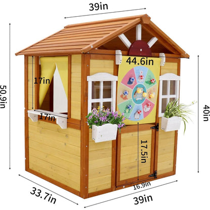 Outdoor Playhouse for Kids Wooden Cottage with Working Doors Windows Pretend Play House for Age 3-8 Years