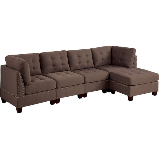 Modular Sectional 5pc Set Living Room Furniture Corner L-Sectional Black Coffee Linen Like Fabric Tufted Nail heads 2x Corner Wedge 2x Armless Chair and 1x Ottoman