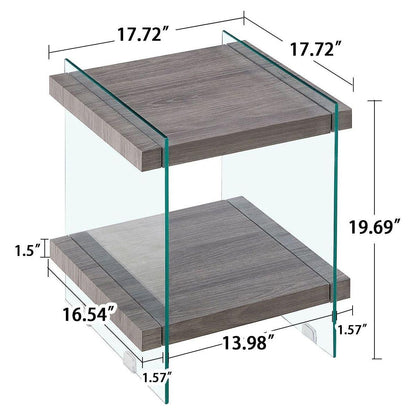 17.72" Sleek and Sturdy Tempered Glass Leg Side Table with Dual MDF Shelves, Modern nightstand end table for living roon, bedroom, transparent/brown