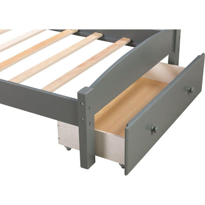 Platform Twin Bed Frame with Storage Drawer and Wood Slat Support No Box Spring Needed, Gray