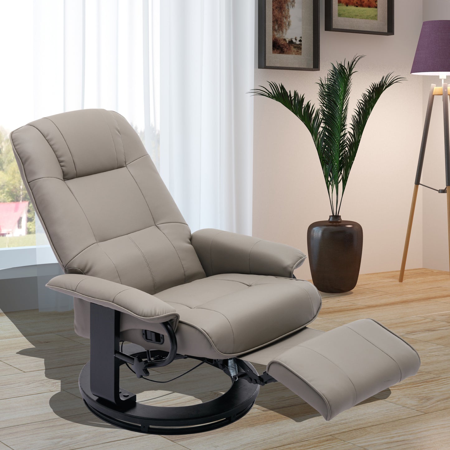 Faux Leather Manual Recliner, Adjustable Swivel Lounge Chair with Footrest, Can Rotate 360 Degrees, L-right Angle Curved Wooden Frame, Armrest and Wrapped Wood Base for Living Room, Grey