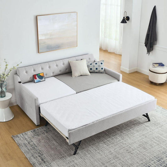 Twin Size Upholstery DayBed with Twin Size Erectable Trundle and USB Charging Design, Linen Beige