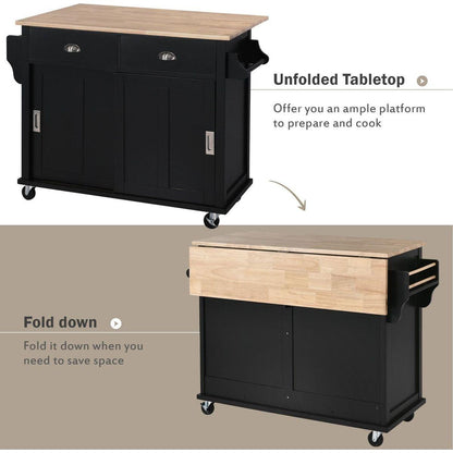 Kitchen Cart with Rubber wood Drop-Leaf Countertop, Concealed sliding barn door adjustable height, Kitchen Island on 4 Wheels with Storage Cabinet and 2 Drawers, L52.2xW30.5xH36.6 inch, Black