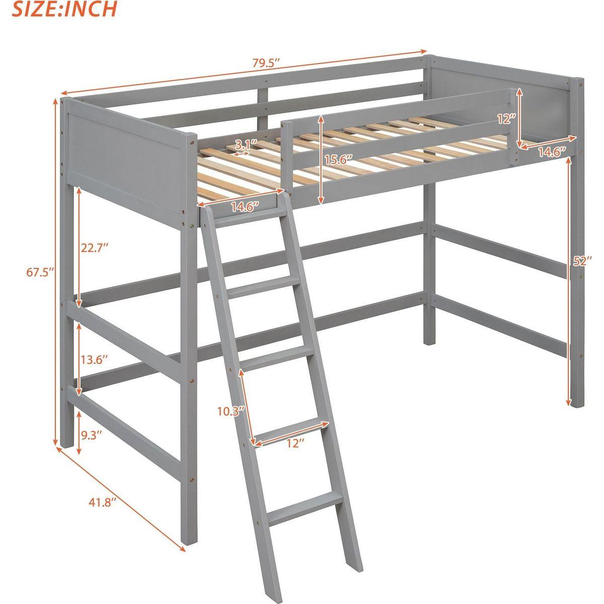 Solid Wood Twin Size Loft Bed with Ladder (Gray)