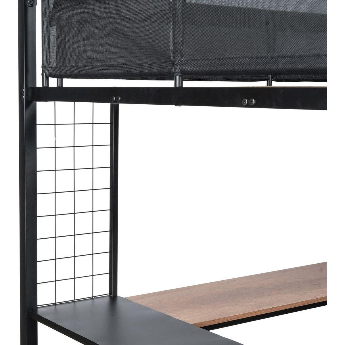 Metal Full Size Loft Bed with Desk & Shelves/ Sturdy Metal Bed Frame/ Noise-free Wood Slats/ Comfortable Textilene Guardrail/ Built-in Desk, 2-tier Shelves & Grid Panel/ 2 Side Ladders