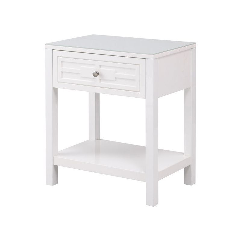 Dylan White Wooden End Side Table Nightstand with Glass Top and Drawer