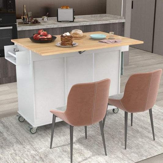 Rolling Mobile Kitchen Island with Solid Wood Top and Locking Wheels2.7 Inch Widthtorage Cabinet and Drop Leaf Breakfast Barpice Rack, Towel Rack & Drawer hite) - Streamdale Furniture