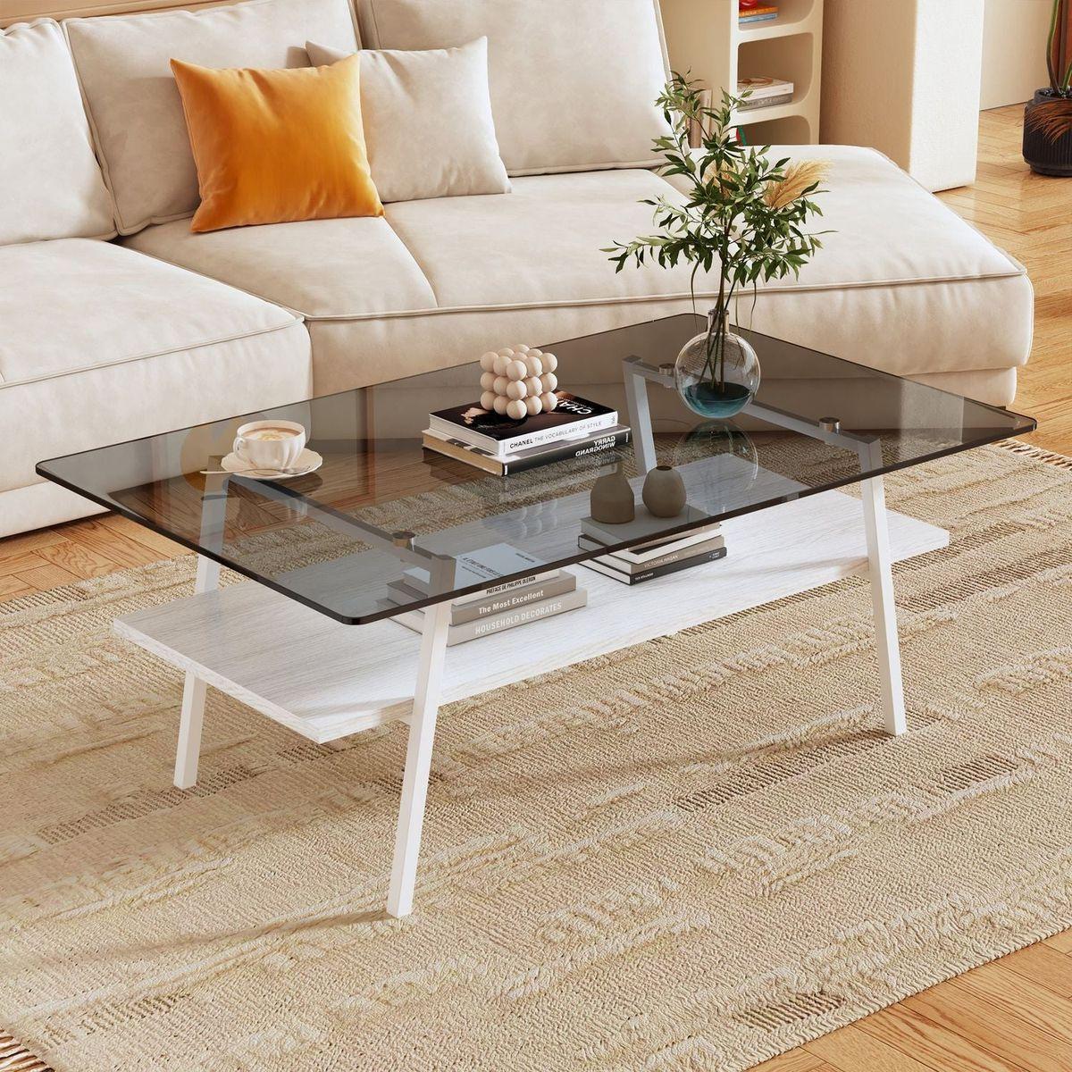 Rectangle Coffee Table, Tempered Glass Tabletop with White Metal Legs, Modern Table for Living Room, Gray Glass