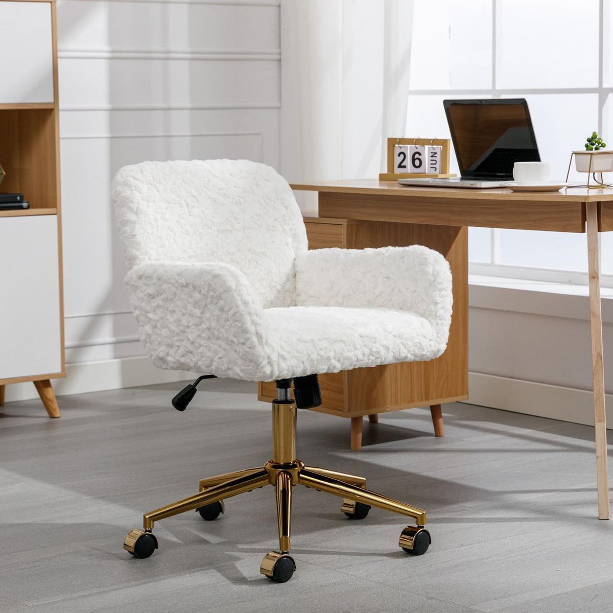 Office Chair, Artificial rabbit hair Home Office Chair with Golden Metal Base, Adjustable Desk Chair Swivel Office Chair, Vanity Chair (Beige)