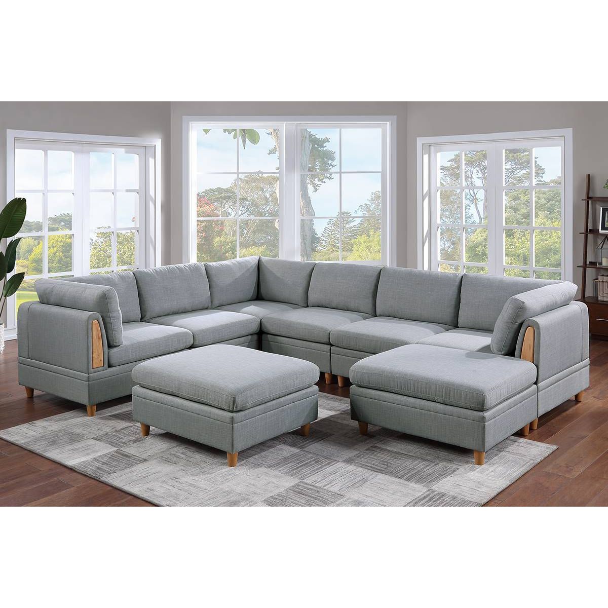 Living Room Furniture 8pc Sectional Sofa Set Light Grey Dorris Fabric Couch 3x Wedges 3x Armless Chair And 2x Ottomans