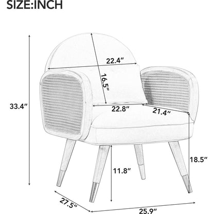 Amchair with Rattan Armrest and Metal Legs Upholstered Mid Century Modern Chairs for Living Room or Reading Room, Grey