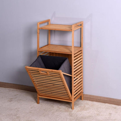 Bathroom Laundry Basket Bamboo Storage Basket with 2-tier Shelf 17.32 x 13 x 37.8 inch - Streamdale Furniture
