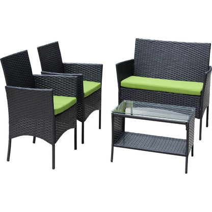 4 PC Rattan Patio Furniture Set Outdoor Patio Cushioned Seat Wicker Sofa (green Cushion)