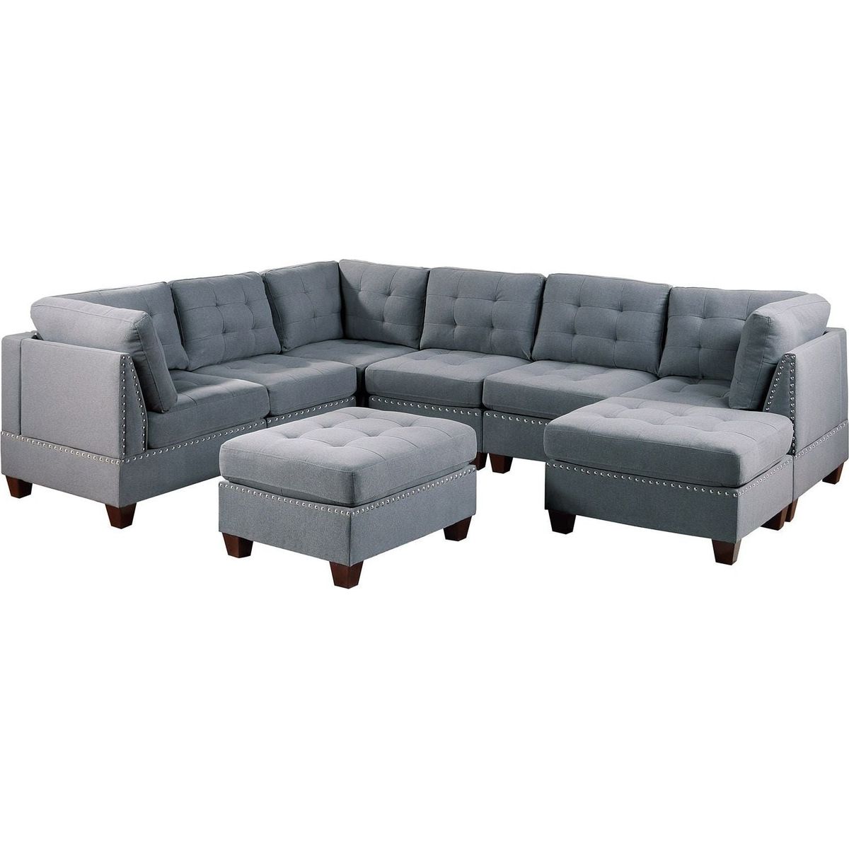 Modular Sectional 9pc Set Living Room Furniture Corner Sectional Tufted Nail heads Couch Gray Linen Like Fabric 3x Corner Wedge 4x Armless Chairs and 2x Ottomans