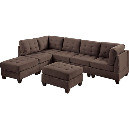 Contemporary Modular Sectional 7pc Set Living Room Furniture Corner L-Sectional Black Coffee Linen Like Fabric Tufted Nail heads 2x Corner Wedge 3x Armless Chair and 2x Ottoman