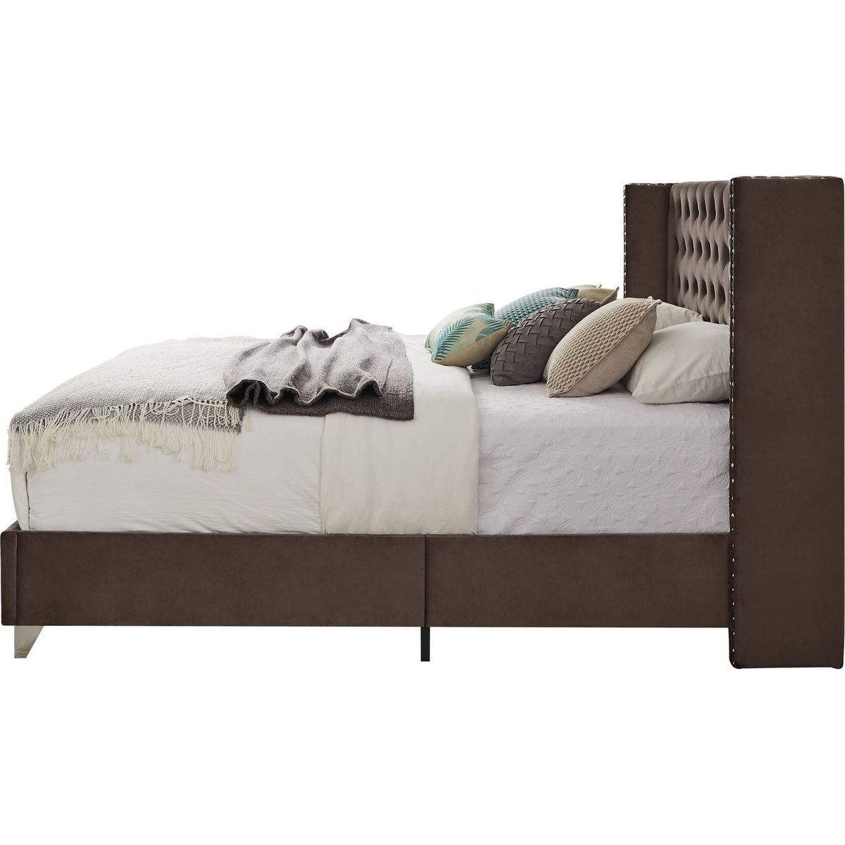 King bed, Button designed Headboard, strong wooden slats + metal legs with Electroplate