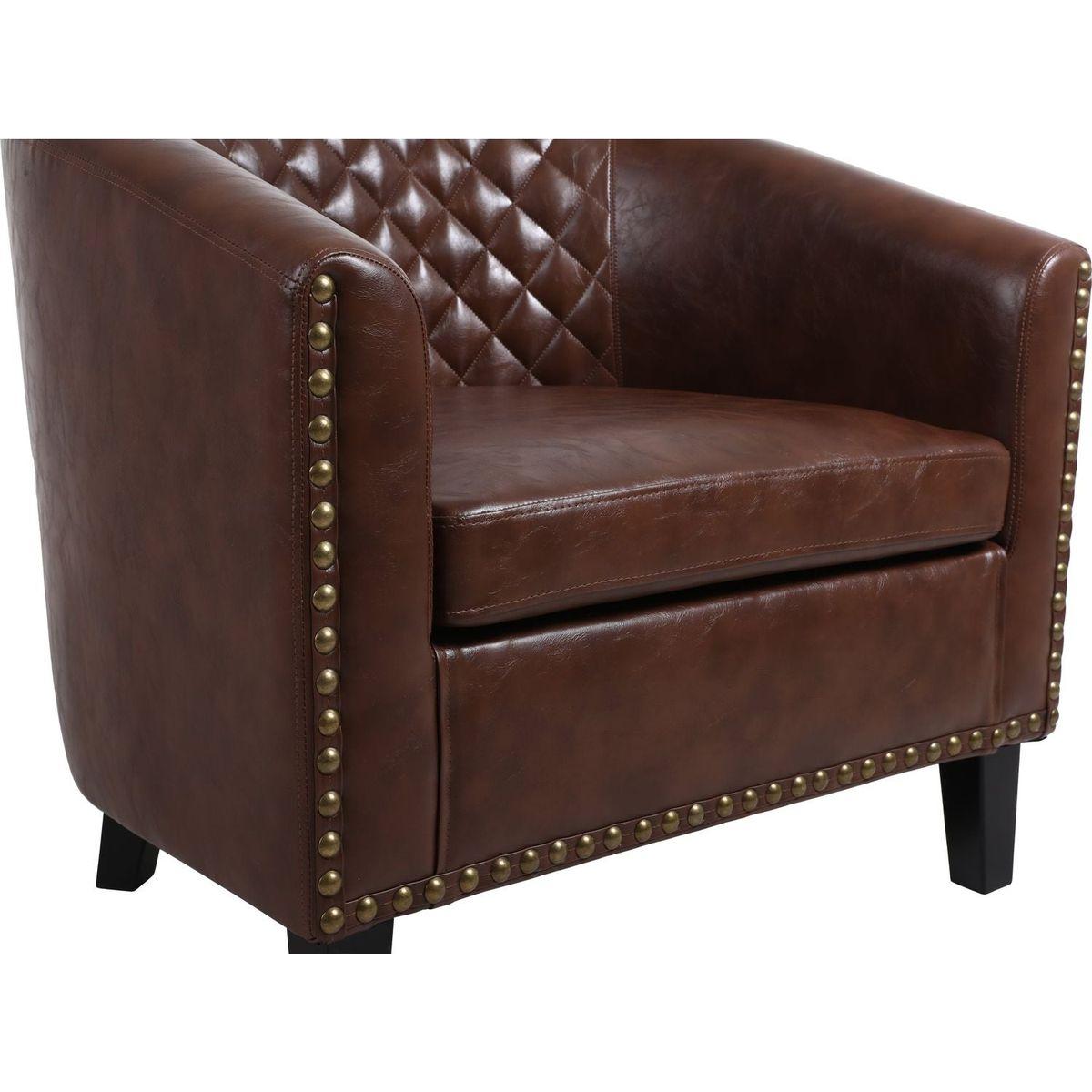 accent Barrel chair living room chair with nailheads and solid wood legs Brown pu leather