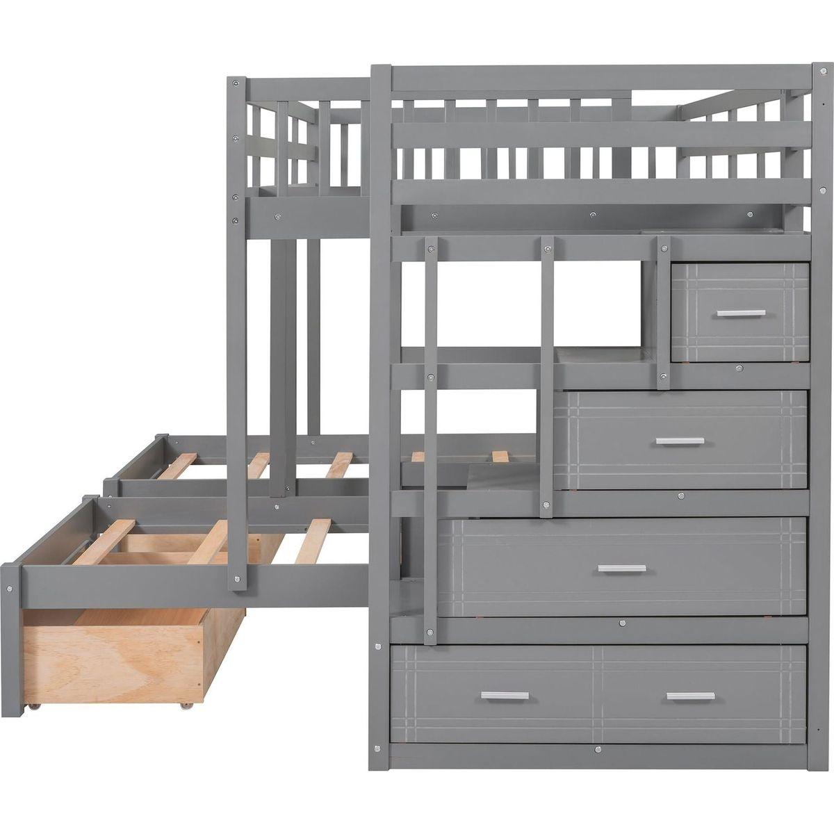 Full Over Twin & Twin Bunk Bed, Wood Triple Bunk Bed with Drawers and Guardrails (Gray)