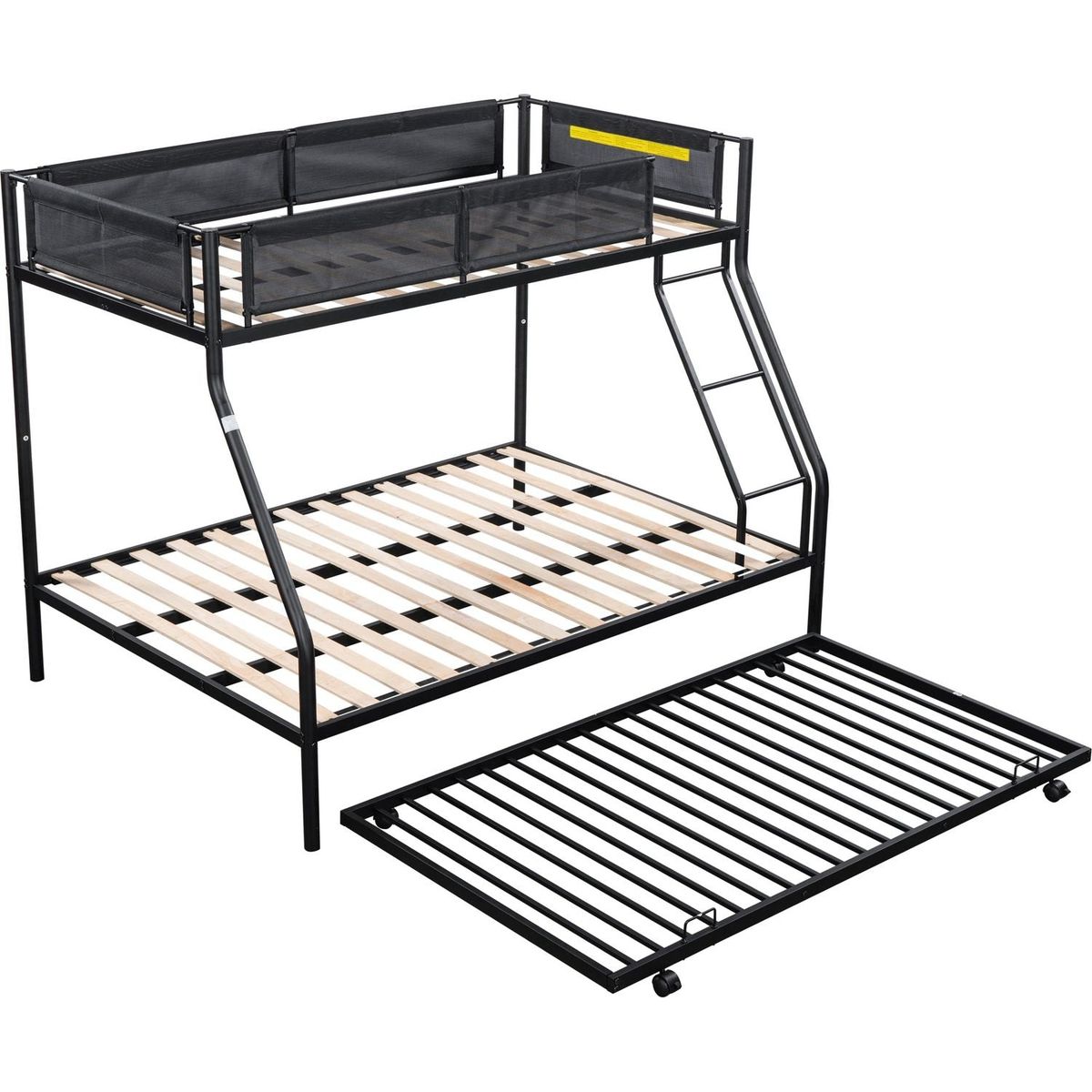 Twin over Full Metal Bunk Bed with Trundle (Wood Slat and Textilene Guardrail)