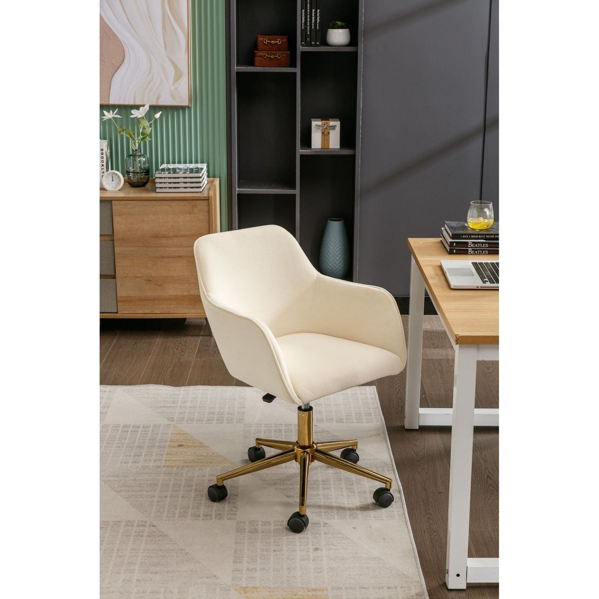 Modern Velvet Fabric Material Adjustable Height 360 revolving Home Office Chair with Gold Metal Legs and Universal Wheels for Indoor,Beige