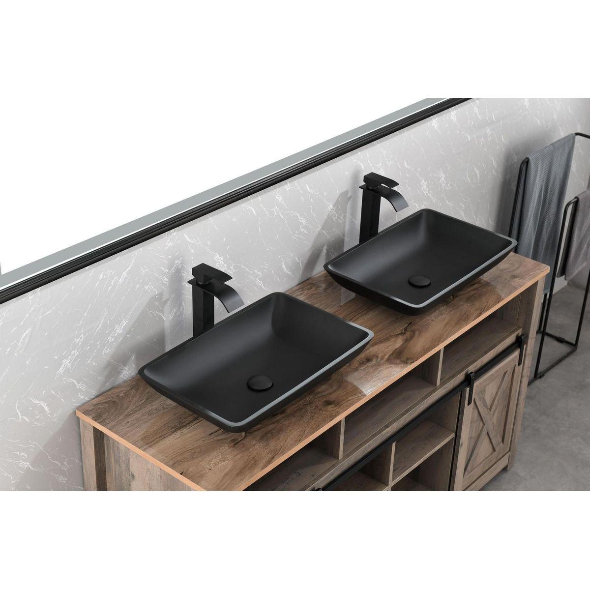 14.38" L -22.25" W -4-3/8 in. H Matte Shell Glass Rectangular Vessel Bathroom Sink in Black with Faucet and Pop-Up Drain in Matte Black