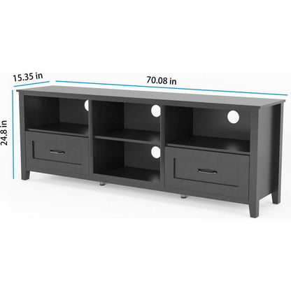 70.08 Inch Length Black TV Stand for Living Room and Bedroom, with 2 Drawers and 4 High-Capacity Storage Compartment.