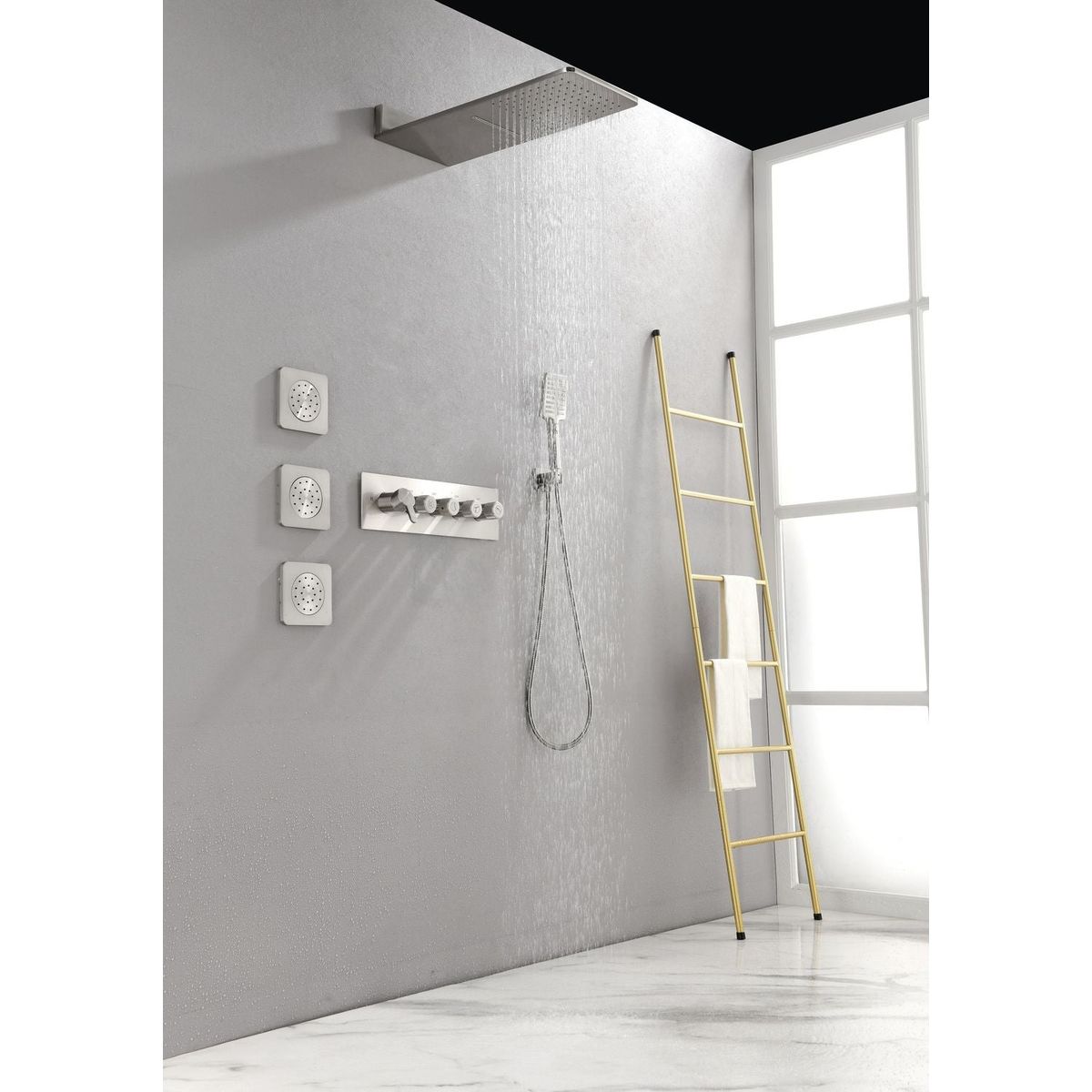 Wall Mounted Waterfall Rain Shower System With 3 Body Sprays & Handheld Shower