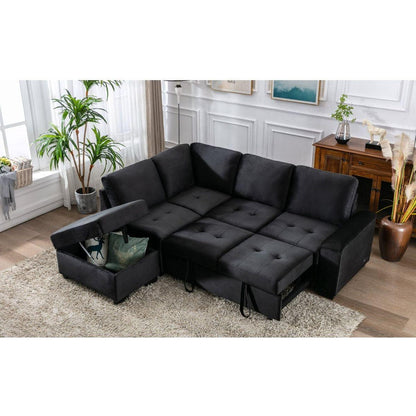 Sleeper Sectional Sofa, L-Shape Corner Couch Sofa-Bed with Storage Ottoman & Hidden Arm Storage & USB Charge for Living Room Apartment, Black