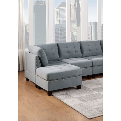 Modular Sectional 6pc Set Living Room Furniture U-Sectional Tufted Nail heads Couch Gray Linen Like Fabric 2x Corner Wedge 2x Armless Chairs and 2x Ottomans