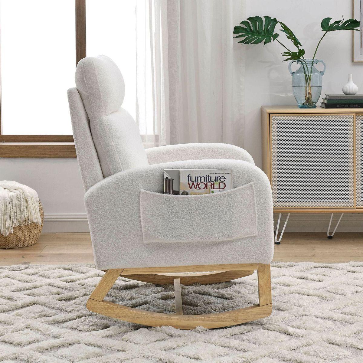 27.6"W Modern Accent High Backrest Living Room Lounge Arm Rocking Chair, Two Side Pocket, Teddy White (Ivory)