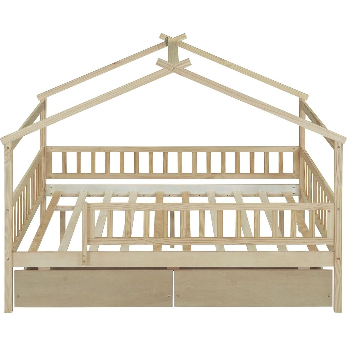 Full Size Wooden House Bed with Two Drawers, Natural