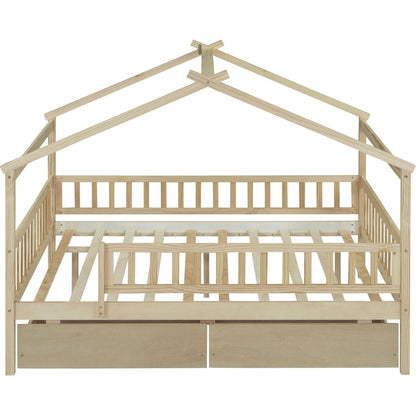Full Size Wooden House Bed with Two Drawers, Natural