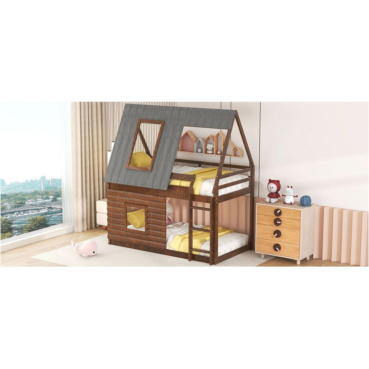 Wood Twin Size House Bunk Bed with Roof, Ladder and 2 Windows, Oak & Smoky Grey