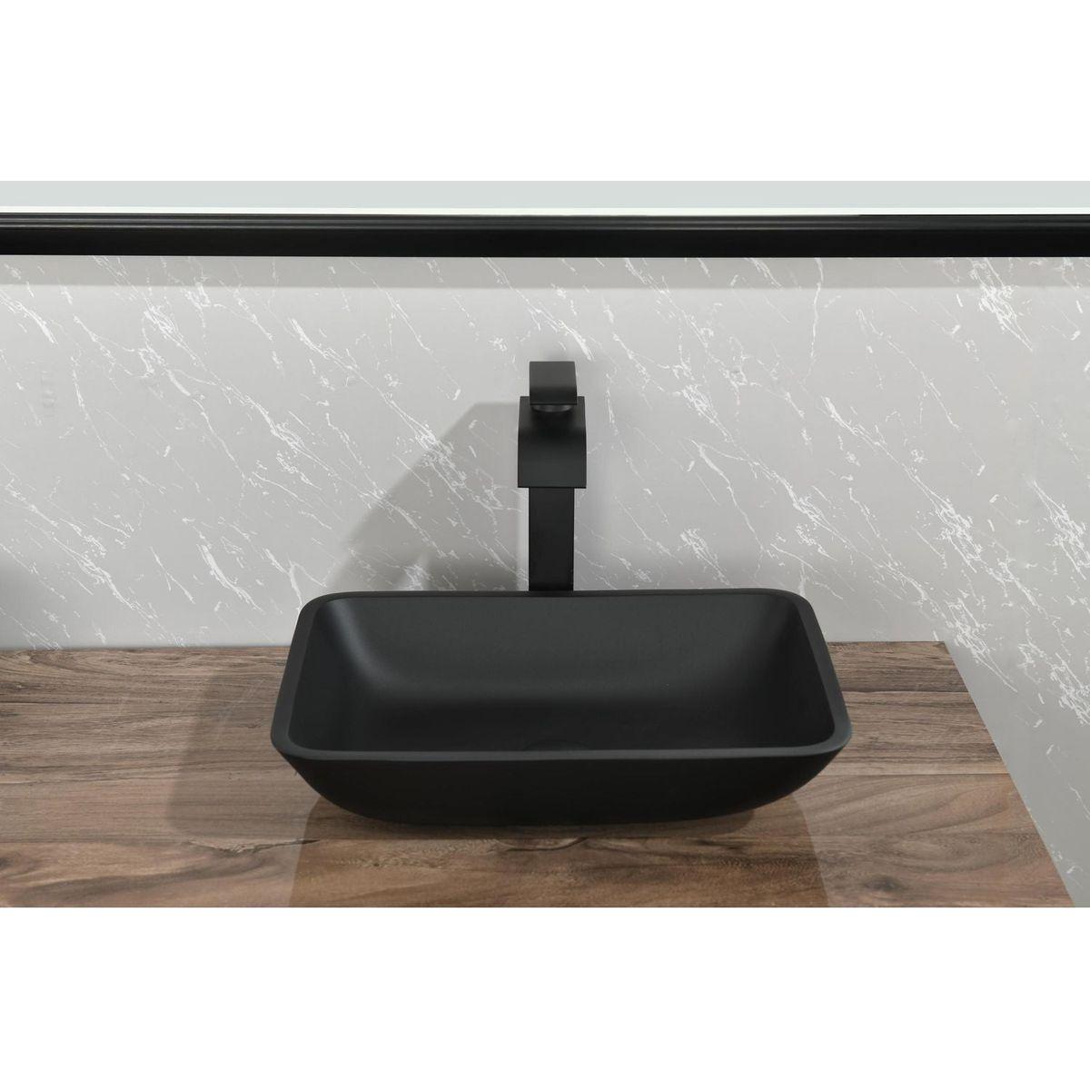 13.0" L -18.13" W -4" H Matte Shell Glass Rectangular Vessel Bathroom Sink in Black with Matte Black Faucet and Pop-Up Drain in Matte Black