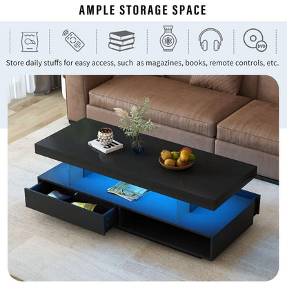 LED Coffee Table with Storage, Modern Center Table with 2 Drawers and Display Shelves, Accent Furniture with LED Lights for Living Room,Black
