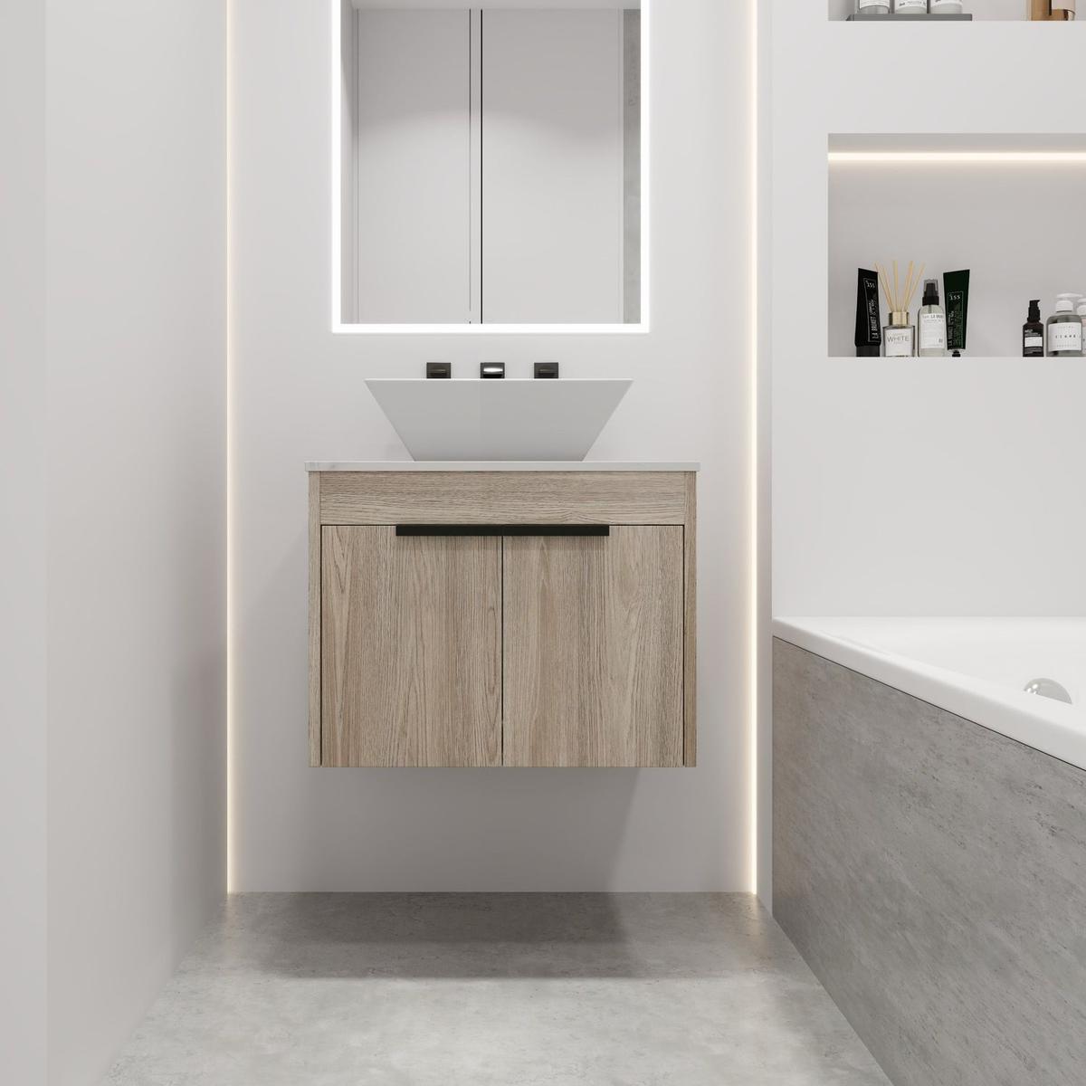 24" Modern Design Float Bathroom Vanity With Ceramic Basin Set, Wall Mounted White Oak Vanity With Soft Close Door, KD-PackingD-Packing Pieces