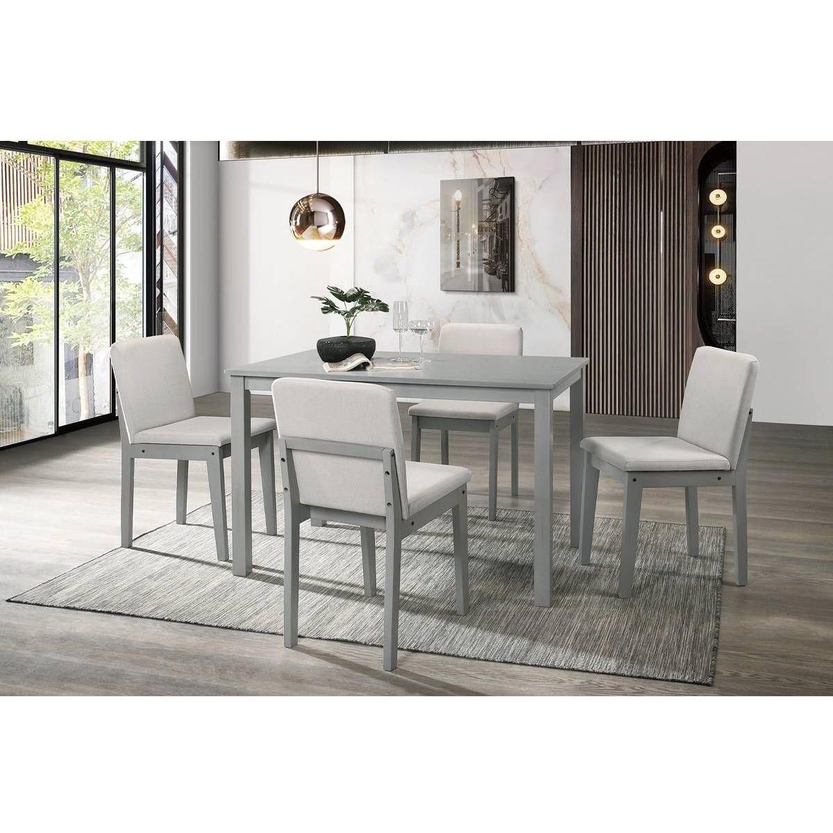 Grey Finish 5pc Dining Room Set Dining Table 4x Chairs Beige Fabric Chair Seat Kitchen Breakfast Dining room Furniture Rubberwood Veneer Unique Design