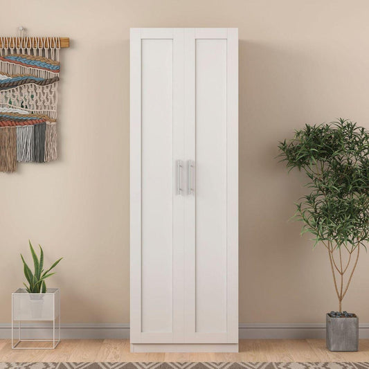 High wardrobe and kitchen cabinet with 2 doors and 3 partitions to separate 4 storage spaces, White - Streamdale Furniture
