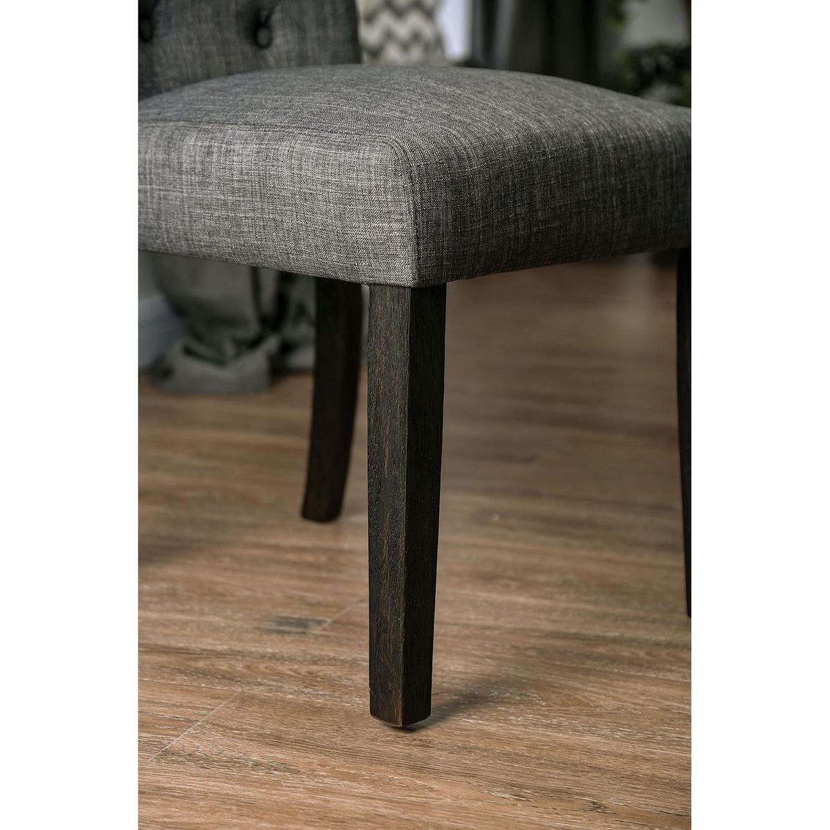 Classic Antique Black / Gray Set of 2 Side Chairs Button Tufted Linen Like Fabric Solid wood Chair Upholstered Scroll Back Kitchen Rustic Dining Room Furniture