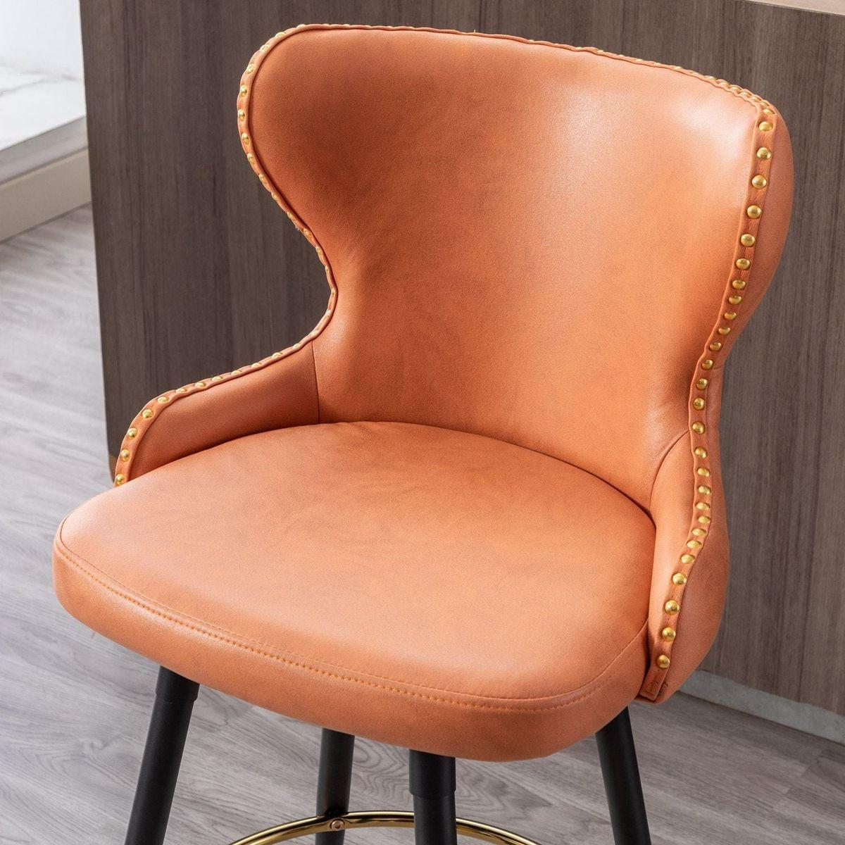 Counter Height 25" Modern Leathaire Fabric bar chairs, 180 degree Swivel Bar Stool Chair for Kitchen, Tufted Gold Nailhead Trim Bar Stools with Metal Legs, Set of 2 (Orange)