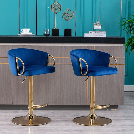 Set of 2 Bar Stools, with Chrome Footrest and Base Swivel Height Adjustable Mechanical Lifting Velvet + Golden Leg Simple Bar