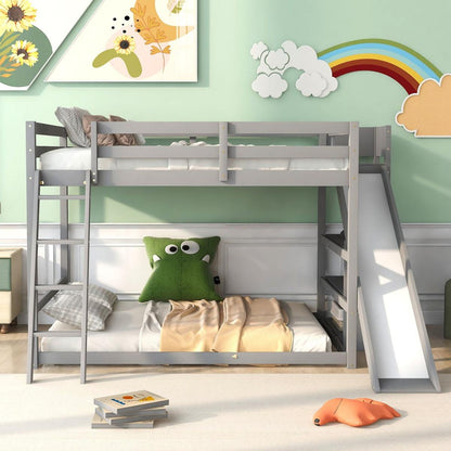 Full over Full Bunk Bed with Ladder, Slide and Shelves, Gray