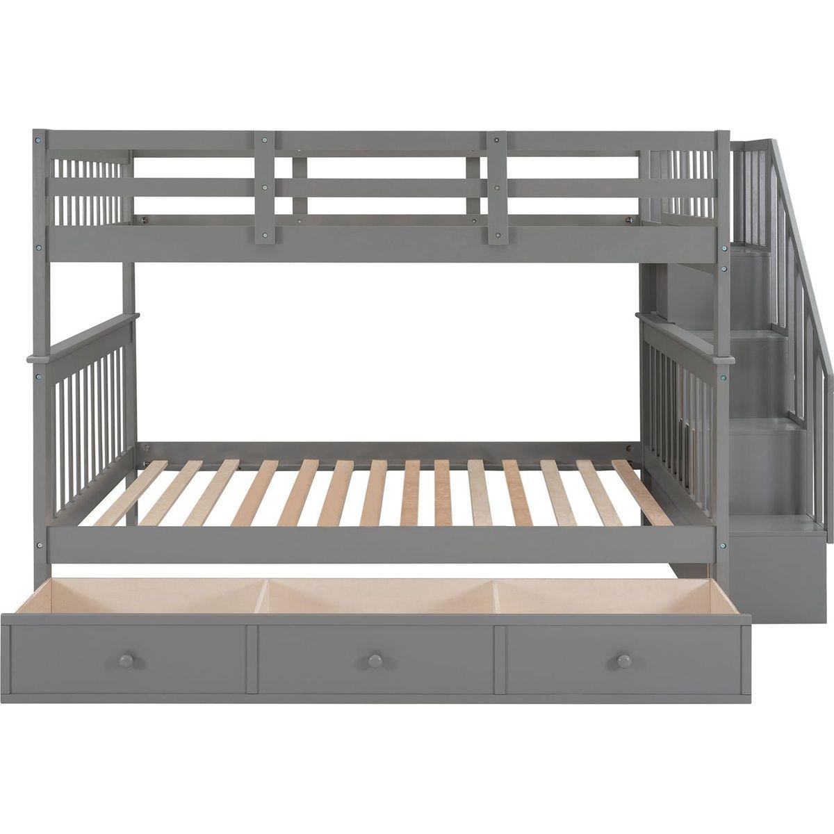 Stairway Full-Over-Full Bunk Bed with Drawer, Storage and Guard Rail for Bedroom, Gray color