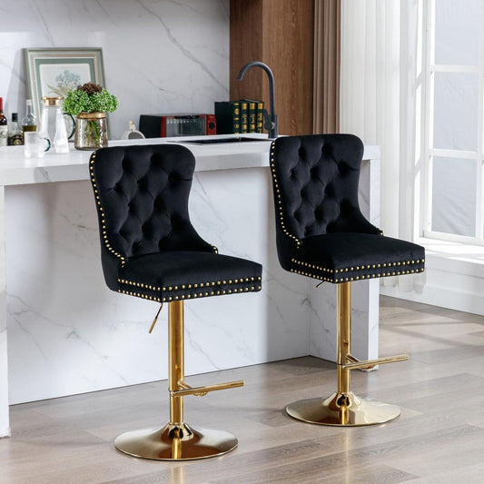 Thick Golden Swivel Velvet Barstools Adjusatble Seat Height from 27-35 Inch, Modern Upholstered Bar Stools with Backs Comfortable Tufted for Home Pub and Kitchen Island (Black, Set of 2)