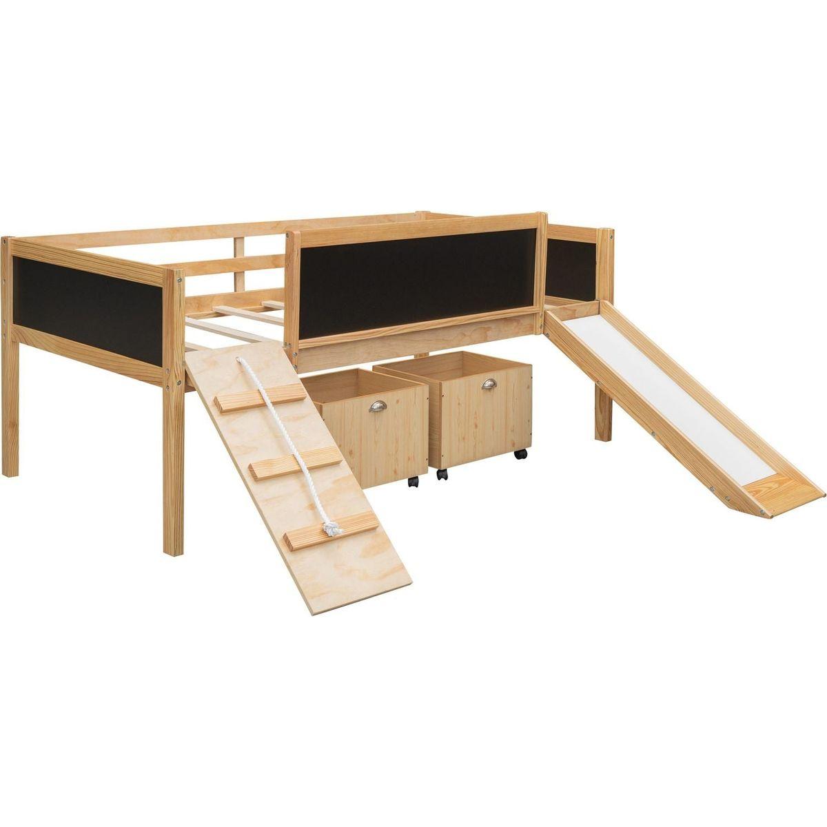 Twin size Loft Bed Wood Bed with Two Storage Boxes - Natrual ()