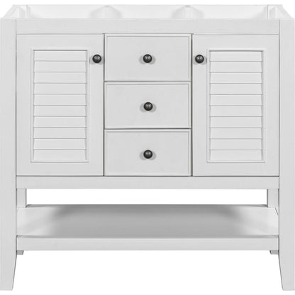 36" Bathroom Vanity without Sink, Cabinet Base Only, Two Cabinets and Drawers, Open Shelf, Solid Wood Frame, White