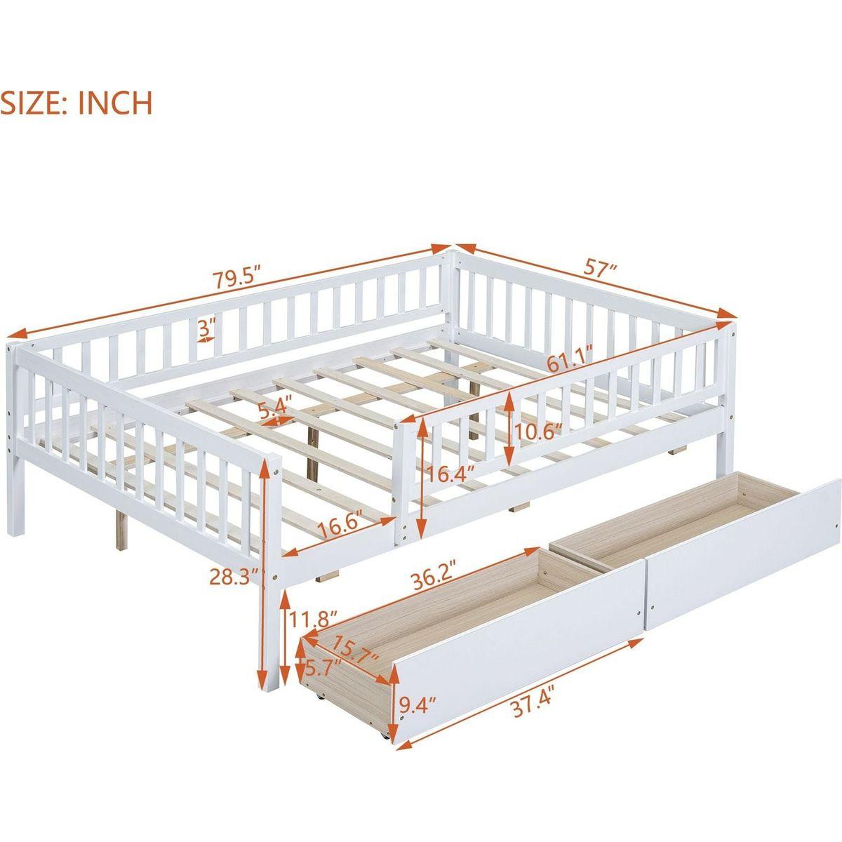 Full Size Daybed Wood Bed with Two Drawers, White - Streamdale Furniture