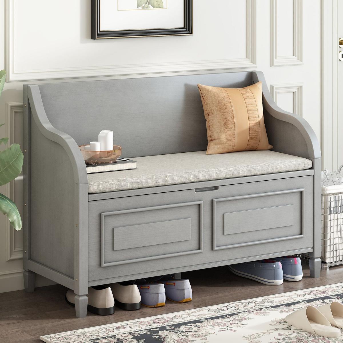 Rustic Style Solid wood Entryway Multifunctional Storage Bench with Safety Hinge (Gray Wash+ Beige)